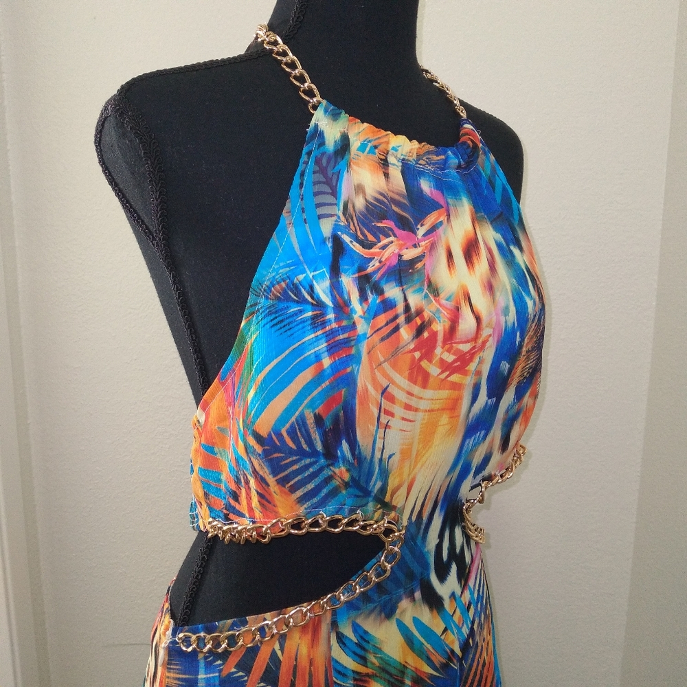 Tropical Vibrant Multi Colored Cutout Chain Link Maxi Halter Dress- Size Large - Picture 11 of 12